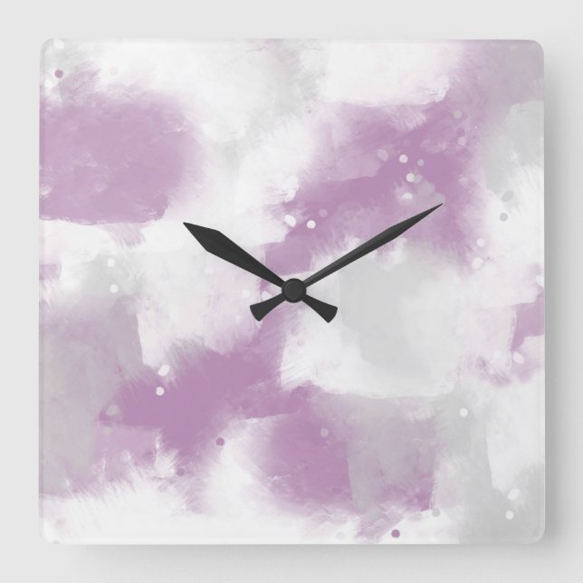 Horloge Carrée Gris mauve doux et blanc Abstrait brosse (Recto)