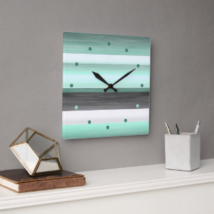 Horloge Carrée Gris Pastel Mint Vert Aquarelle Noire Gris