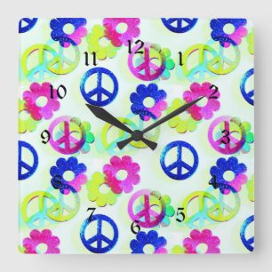 Horloge Carrée Groovy Hippie Peace Signs Flower Power Aqua