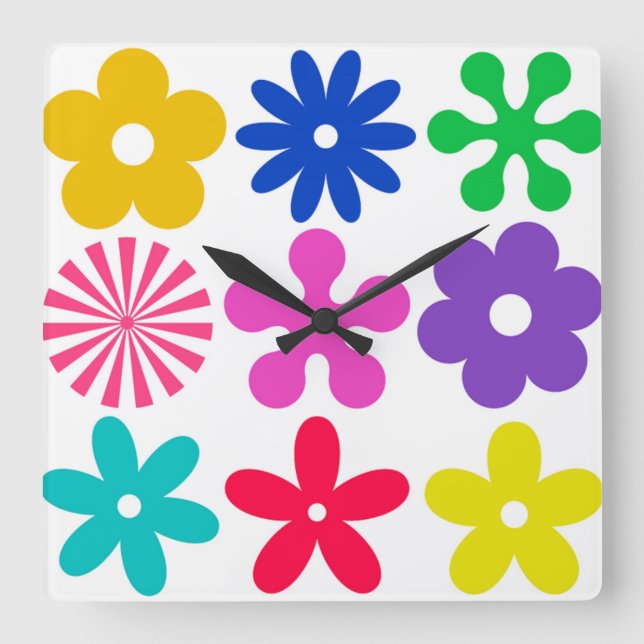 HORLOGE CARRÉE GROOVY RETRO FLOWERS (Recto)