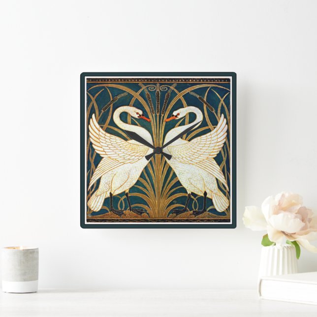 Horloge Carrée Grue - Cygne, ruée et iris (Maison)