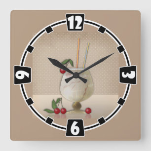 Horloge Carrée grunge beige rétro cocktail vintage verre cerise p