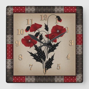 Horloge Carrée Grunge oldish retro vintage poppies red flowers