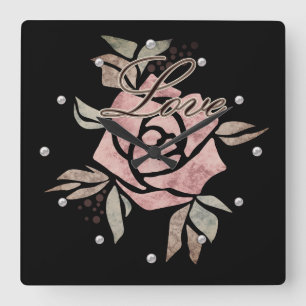 Horloge Carrée Grunge rustique rétro texture beige fleurs rose fl
