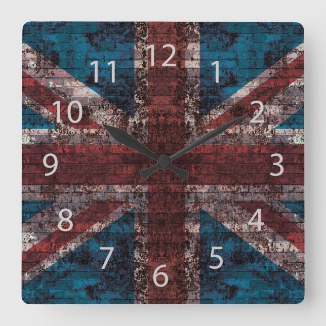 Horloge Carrée grunge Union Jack sur brique (Recto)