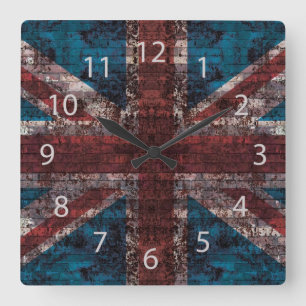 Horloge Carrée grunge Union Jack sur brique