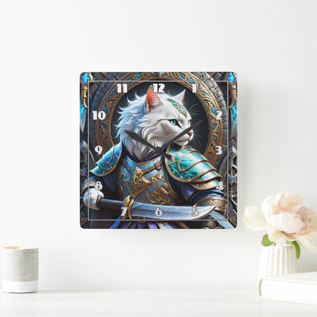 Horloge Carrée Guerrier de chat enchanté en armure décorative (Maison)