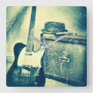 Horloge Carrée guitar amp harmonica bluesman clock