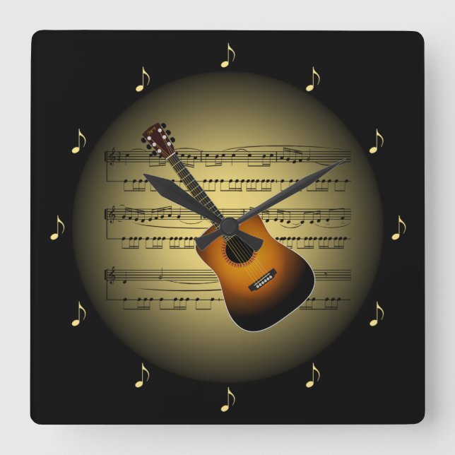 Horloge Carrée Guitare 3-D Gold Globe ~ Sheet Music ~ Black BG ~  (Recto)