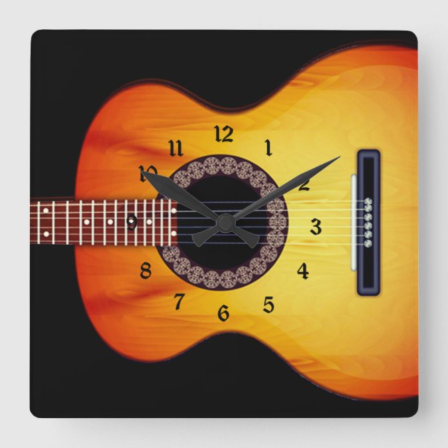 Horloge Carrée Guitare acoustique noire (Recto)
