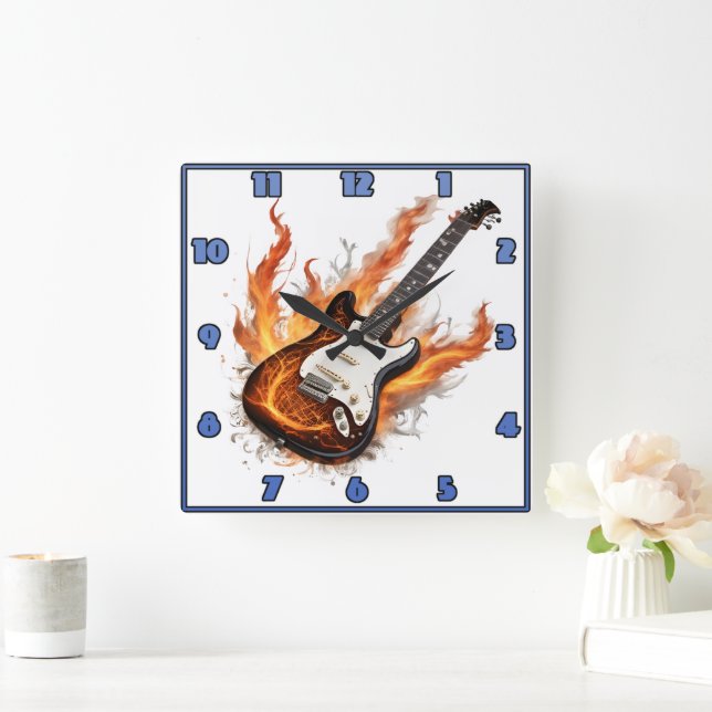 Horloge Carrée Guitare avec flammes et notes tourbillonnantes (Maison)