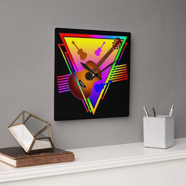 Horloge Carrée Guitare colorée rétro (Bureau)