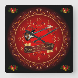 Horloge Carrée Guitare électrique 01, Joyeux Noël, Maroon/Noir