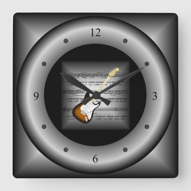Horloge Carrée Guitare électrique ~ 3D Partition musique ~ Argent (Recto)