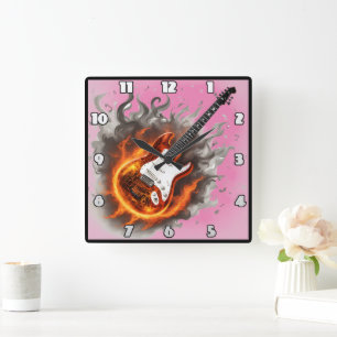 Horloge Carrée Guitare engloutie dans des flammes vibrantes et de
