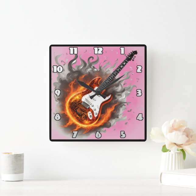 Horloge Carrée Guitare engloutie dans des flammes vibrantes et de (Maison)