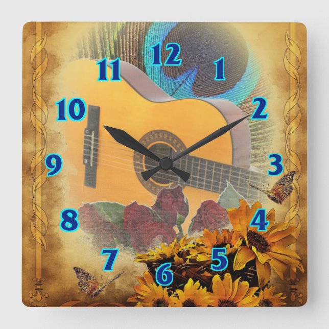Horloge Carrée Guitare florale (Recto)