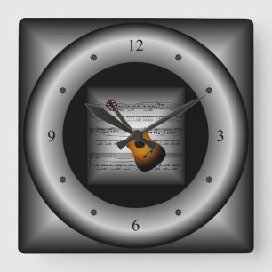 Horloge Carrée Guitare ~ Partition 3D ~ Coussin Argent/Noir Retou