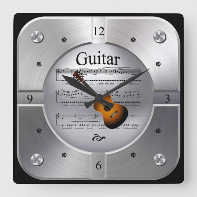 Horloge Carrée Guitare ~ Partition musicale ~ Couleur argent bros (Recto)
