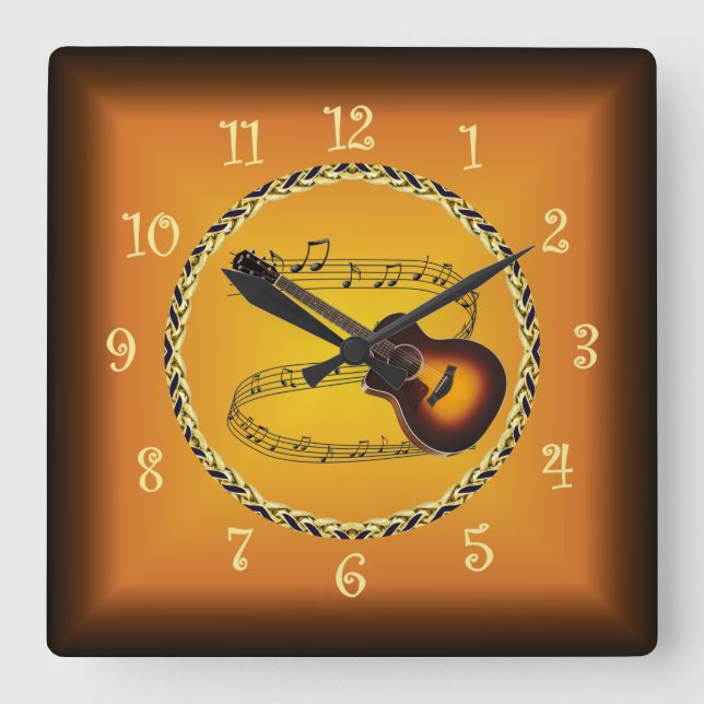 Horloge Carrée Guitare Sur Scroll Musical & Russet Orange ~ (Recto)