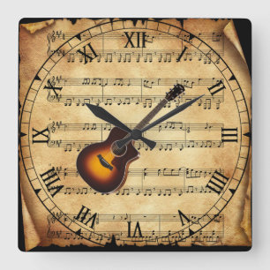 Horloge Carrée Guitare ~ Vintage Sheet Music Arrière - plan ~ Uni