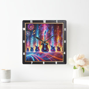 Horloge Carrée Guitares électriques entourées de notes musicales 