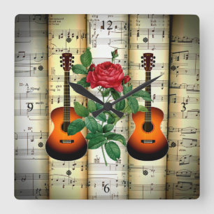 Horloge Carrée Guitars & Rose ~ Rolled Sheet Music ~ Great Gift ~