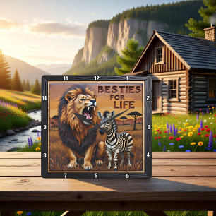 Horloge Carrée Habitat de savane Lion Zèbre