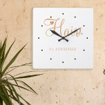 Horloge Carrée Hair stylist name gold copper elegant glam logo<br><div class="desc">Trendy modern glamorous elegant hairstylist / hairdresser name hair salon wall clock with chic typography in white and faux gold with scissors and a little heart.              Suitable for hairstyle salon,  beauty salon,  hairdresser,  professional hairstylist.                       Perfect choice for an elegant stylish sophisticated professional look.</div>