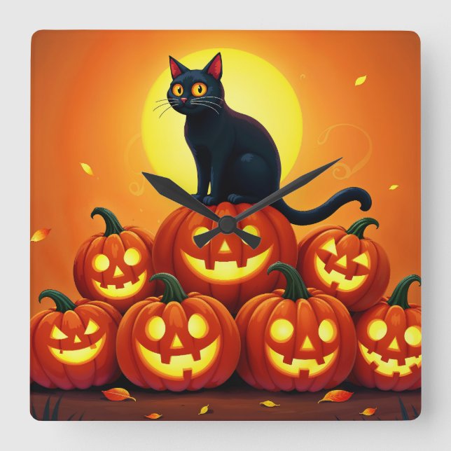 Horloge Carrée Halloween chat noir mignon et lanternes Jack (Recto)
