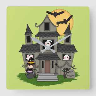 Horloge Carrée Halloween haunted house and little witch green