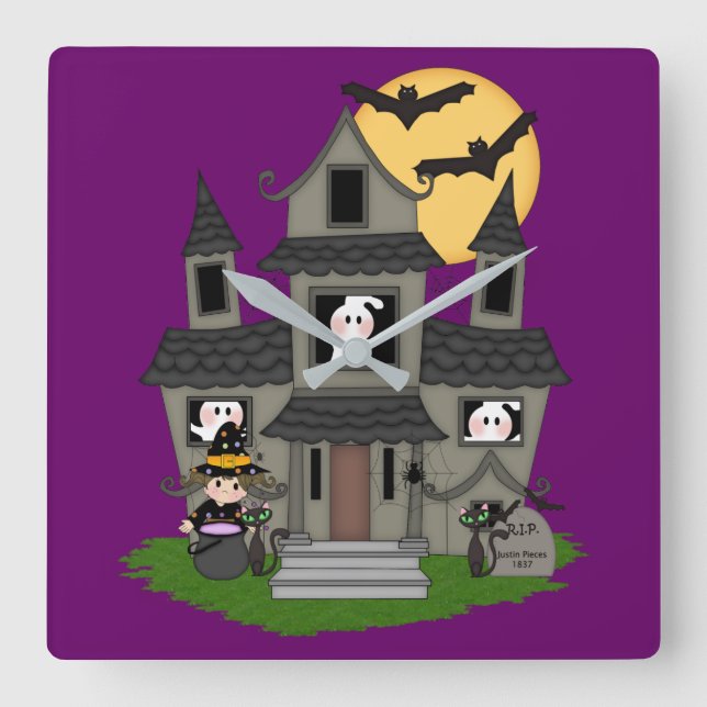 Horloge Carrée Halloween haunted house and little witch purple (Recto)