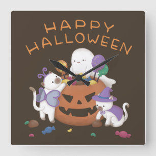 Horloge Carrée Halloween heureux : Chats et fantômes