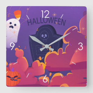 Horloge Carrée Halloween Lune Hantée Maison Carré Cloc