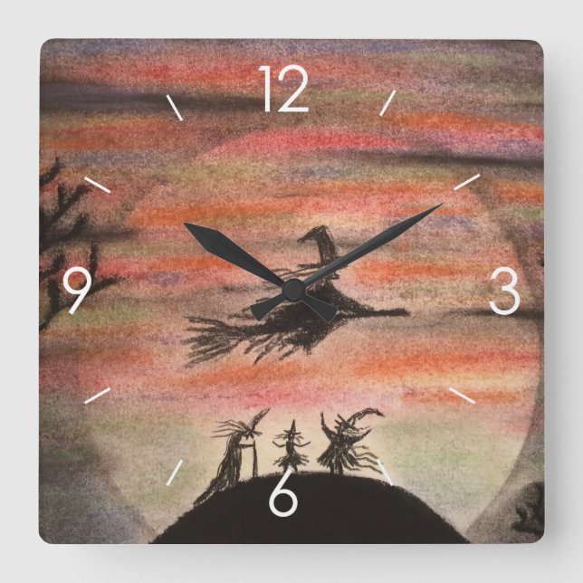 Horloge Carrée Halloween Lune Haunlight House Witch (Recto)