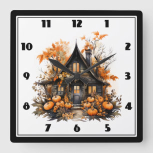 Horloge Carrée Halloween Maison hantée avec Citrouilles & Foliage