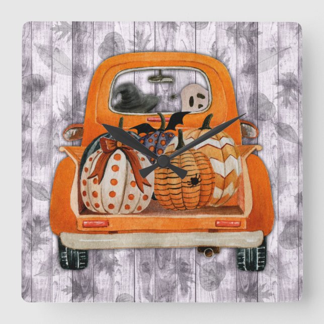 Horloge Carrée Halloween moisson orange camionnette avec citrouil (Recto)