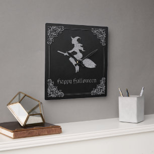 Horloge Carrée Halloween sorcière volante en argent