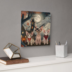 Horloge Carrée Halloween sphynx chats Éffrayant