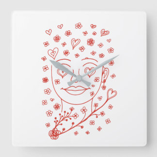 Horloge Carrée Hand-Drawn Romantic Line Art Face with Hearts and 