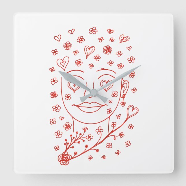 Horloge Carrée Hand-Drawn Romantic Line Art Face with Hearts and  (Recto)