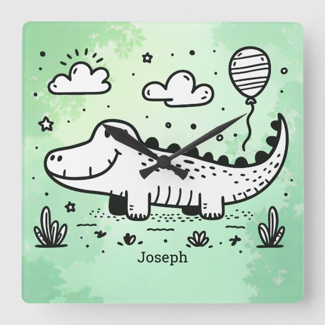 Horloge Carrée Happy Alligator avec ballon - Cute Nursery Art (Recto)