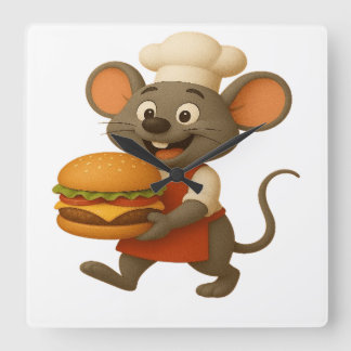 Horloge Carrée Happy Cartoon Mouse Chef avec Big Cheese - Wall Cl
