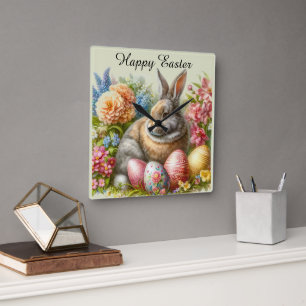 Horloge Carrée Happy Easter Vintage lapin décoratif cadenas