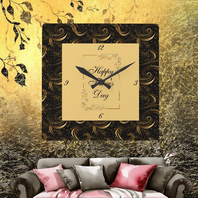 Horloge Carrée Happy Fête des pères Gold Calligraphy Black Swirls (Happy Father's Day Gold Calligraphy Black Swirls Square Wall Clock)