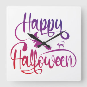 Horloge Carrée Happy Halloween dégradé volant sorcière chat