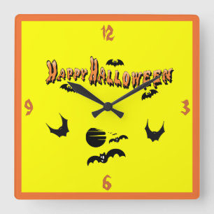 Horloge Carrée Happy Halloween & Les chauves-souris -