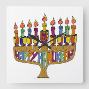 Horloge Carrée Happy Hanukkah Dreidels Menorah
