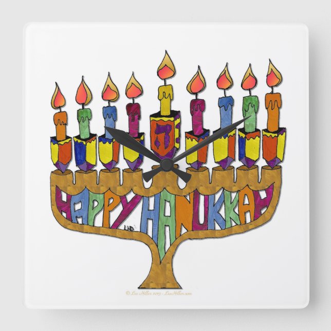 Horloge Carrée Happy Hanukkah Dreidels Menorah (Recto)