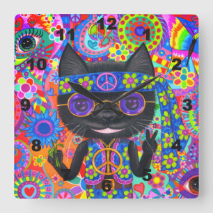 Horloge Carrée Happy Hippie Cat Sung Peace Sign Flower Cute